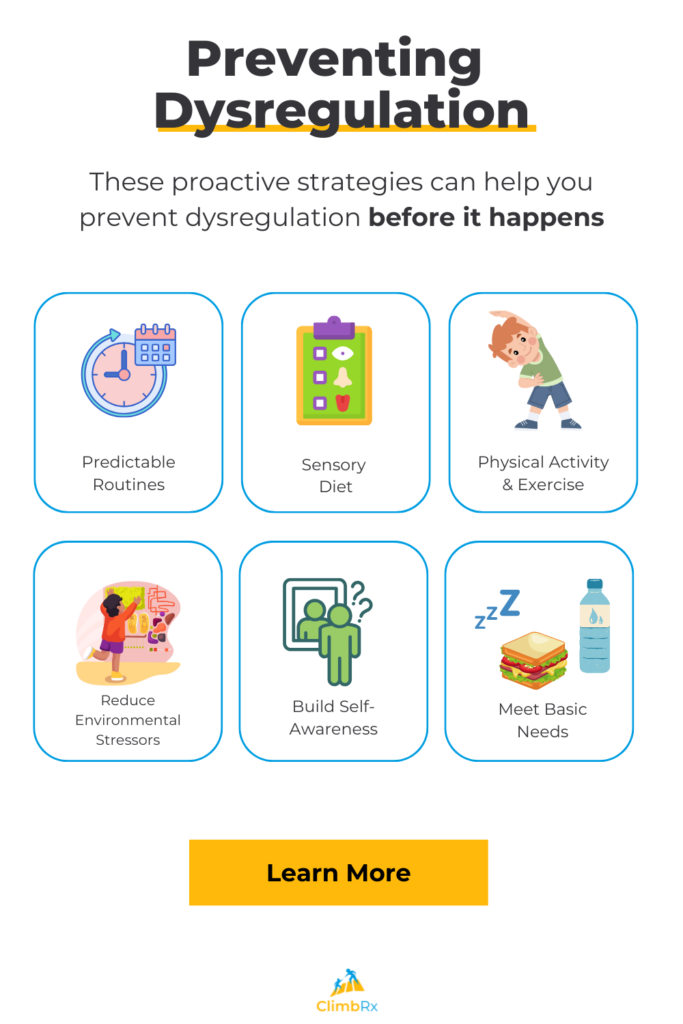 Preventing dysregulation starts with proactive strategies! Learn how predictable routines, sensory diets, physical activity, and self-awareness can create a balanced environment for kids. These tips help meet basic needs and reduce stressors before challenges arise. 