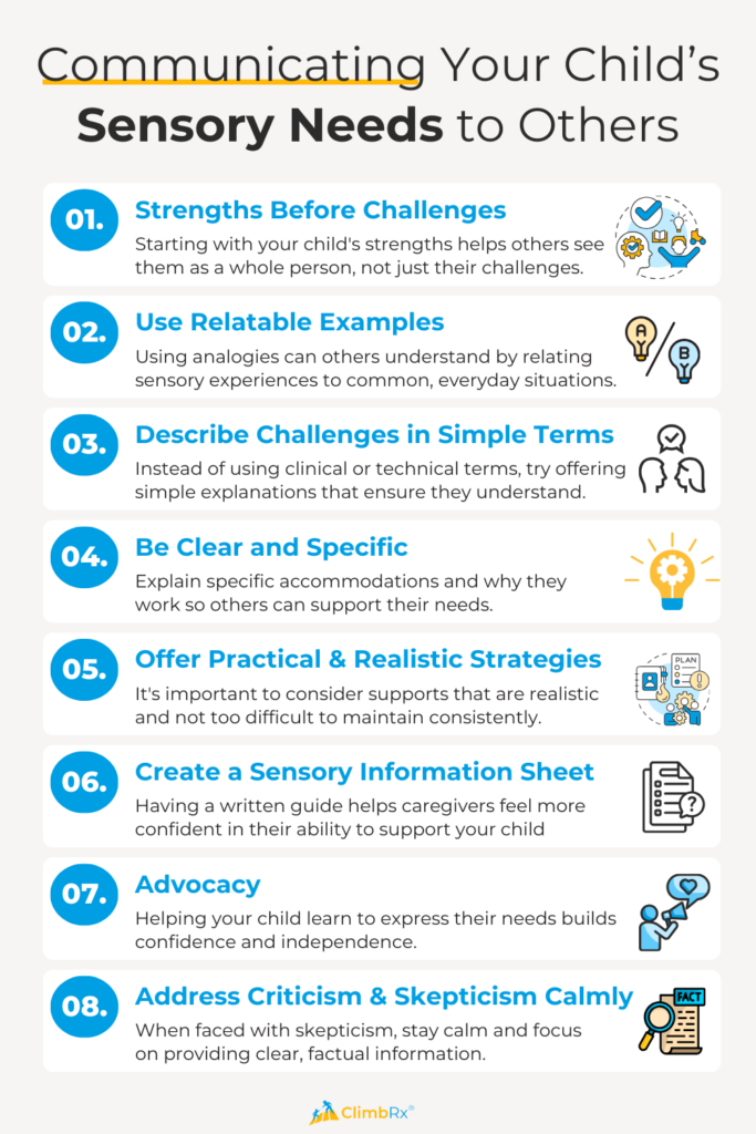 An infographic titled 'Communicating Your Child’s Sensory Needs to Others' outlining eight key strategies for helping others understand and support a child’s sensory needs. The strategies include starting with strengths, using relatable examples, describing challenges in simple terms, being clear and specific, offering practical and realistic strategies, creating a sensory information sheet, advocating for the child, and addressing criticism calmly. Each tip is accompanied by an icon and brief description.