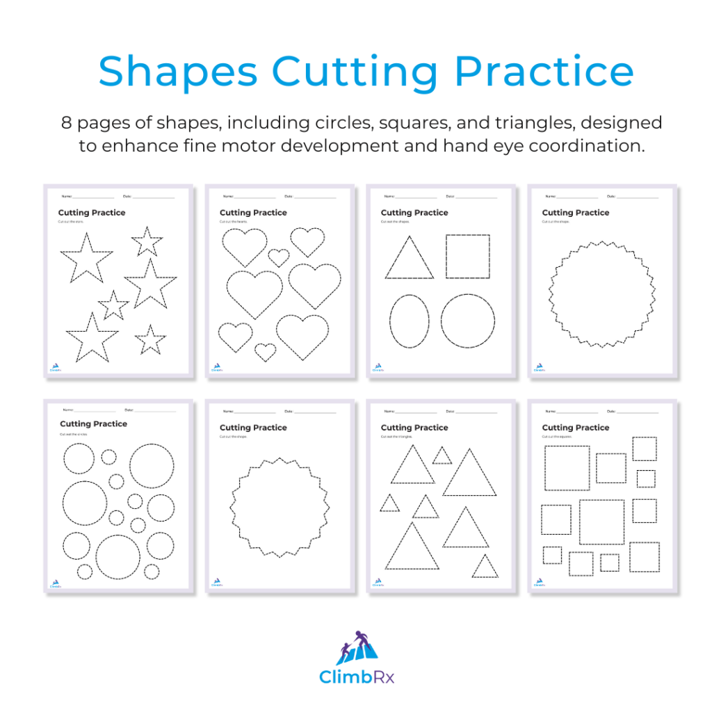 "Promotional graphic from ClimbRx showing a resource titled 'Shapes Cutting Practice,' described as 8 pages of shapes including circles, squares, and triangles, designed to enhance fine motor development and hand-eye coordination. All eight worksheet pages are displayed in two rows of four, each titled 'Cutting Practice' with fields for name and date, and featuring dashed outlines of shapes for children to cut out. The eight pages feature the following shapes: stars in various sizes; hearts in various sizes; a triangle, square, oval, and circle; a single large jagged-edged shape; circles in various sizes; a second large jagged-edged shape; triangles in various sizes; and squares in various sizes."